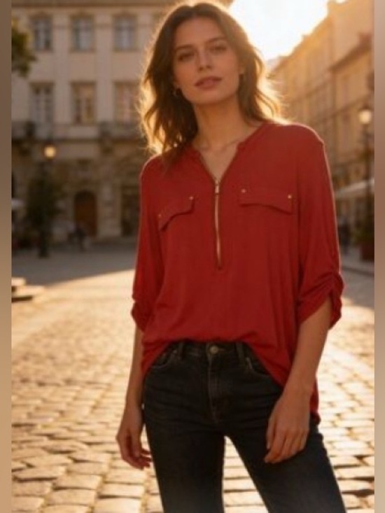 Calvin Klein Tops - Calvin Klein Large Women's Red Zip-Front Long Sleeve Blouse Shirt Dress Top (B6)